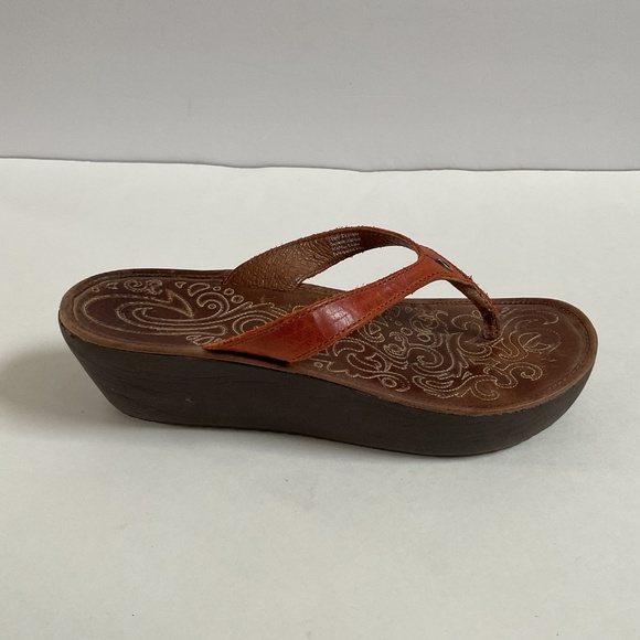 Olukai Paniolo Wedge Women’s Sz 8 Orange Brown Leather Thong Sandals - Picture 7 of 12